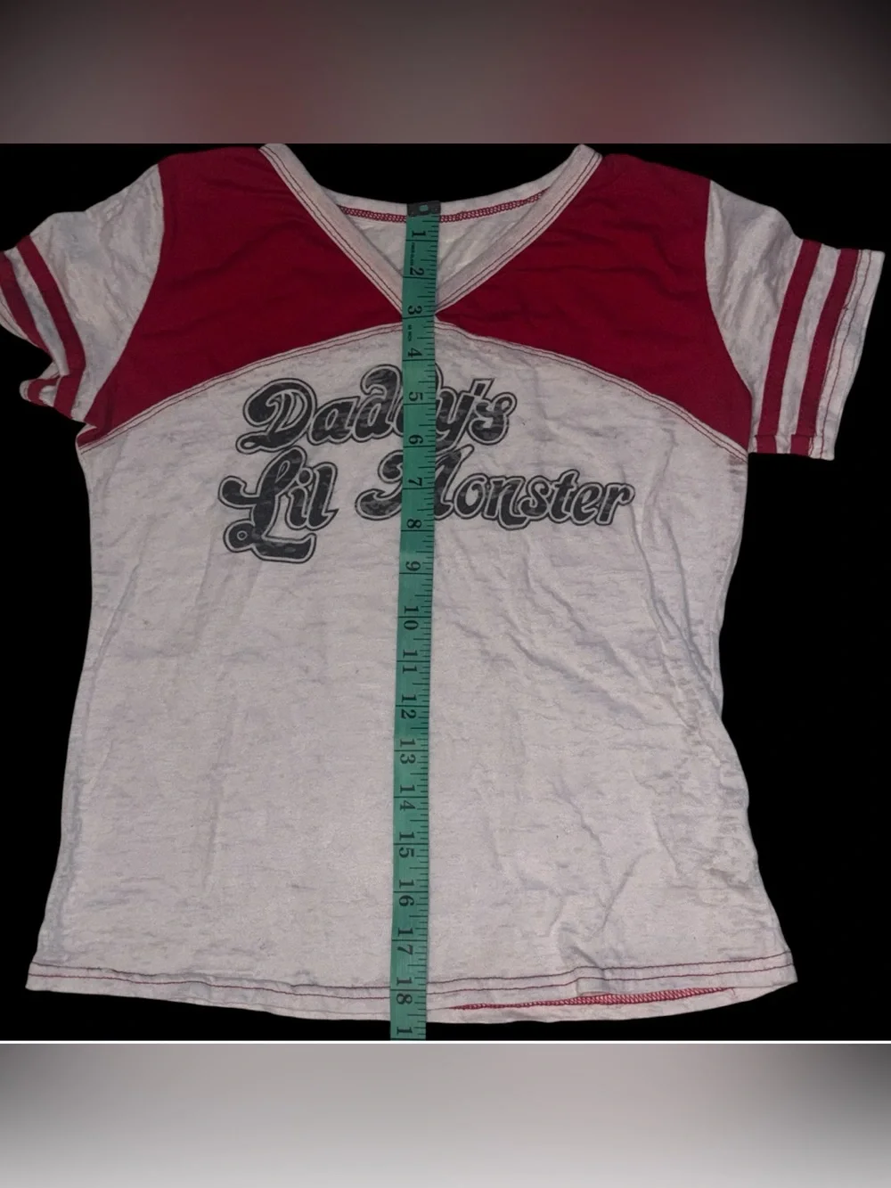 Daddy's Lil Monster Red & White V-Neck Tee Shirt Girls L
